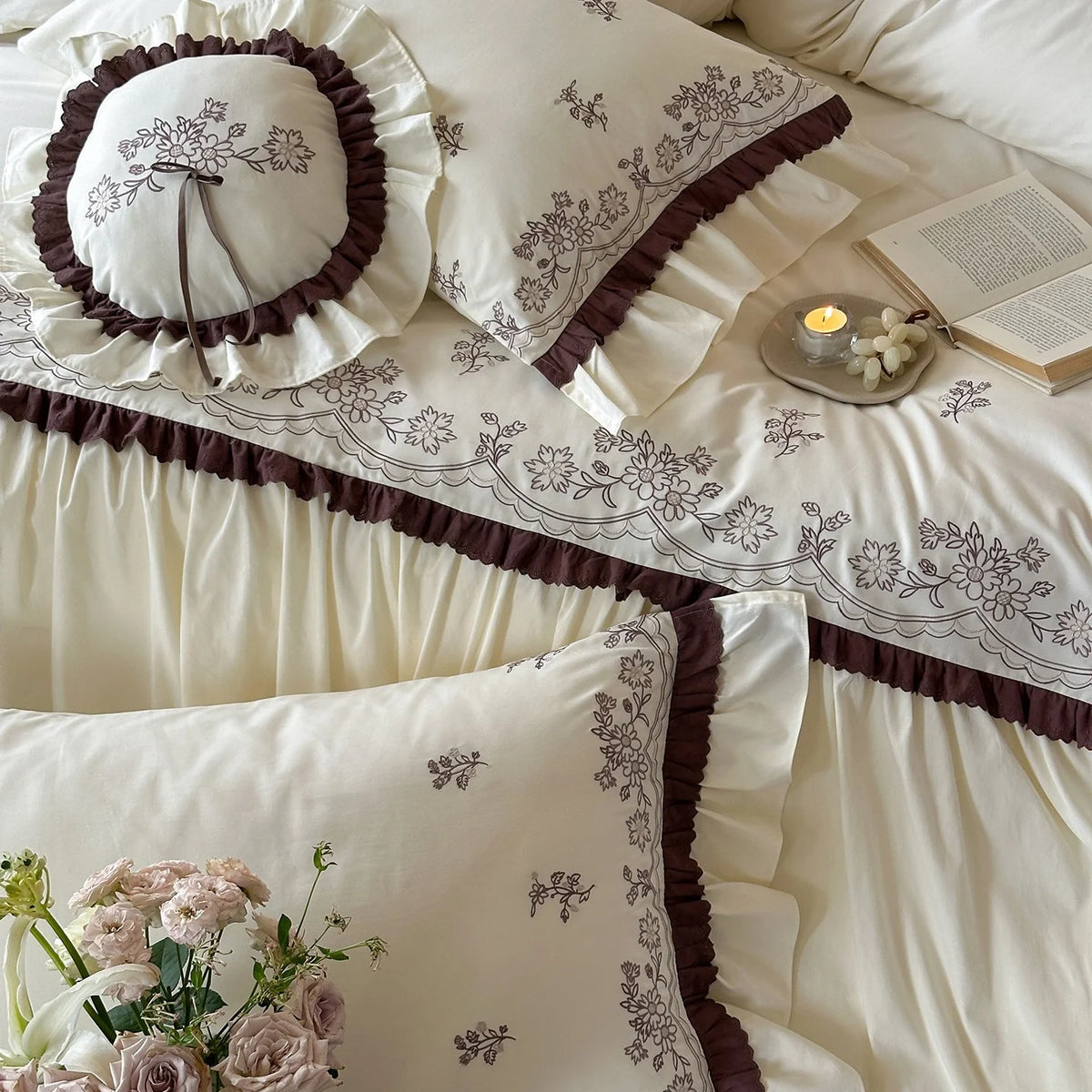 Bedding Set Embroidered Topper & Ruffled Bed Skirt