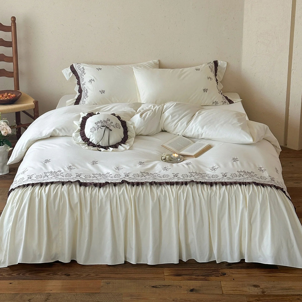 Bedding Set Embroidered Topper & Ruffled Bed Skirt