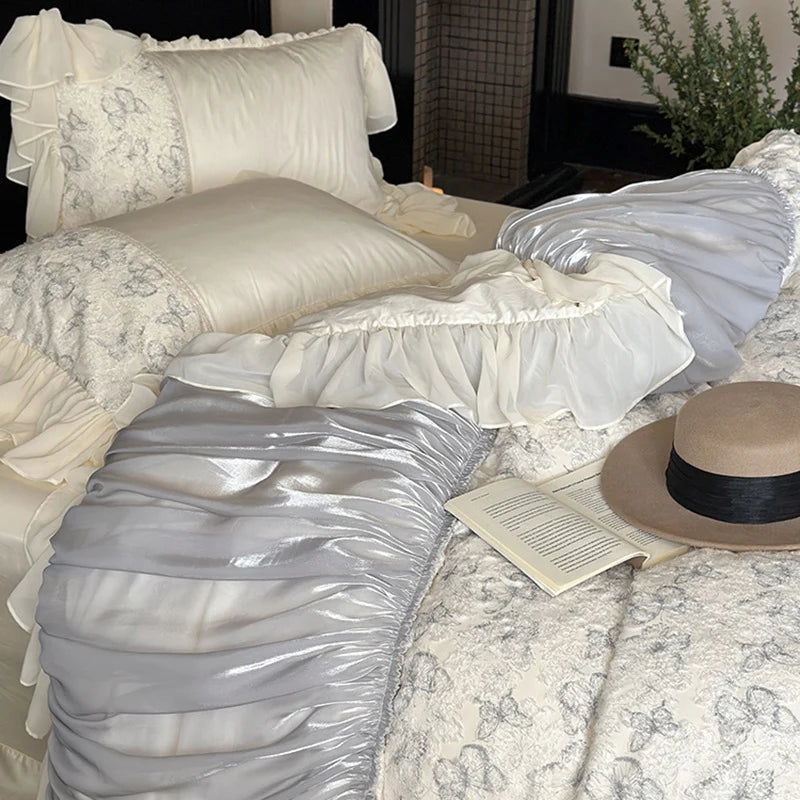 Bedding Set Floral Jacquard Gathered Satin 4-Piece