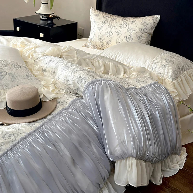 Bedding Set Floral Jacquard Gathered Satin 4-Piece