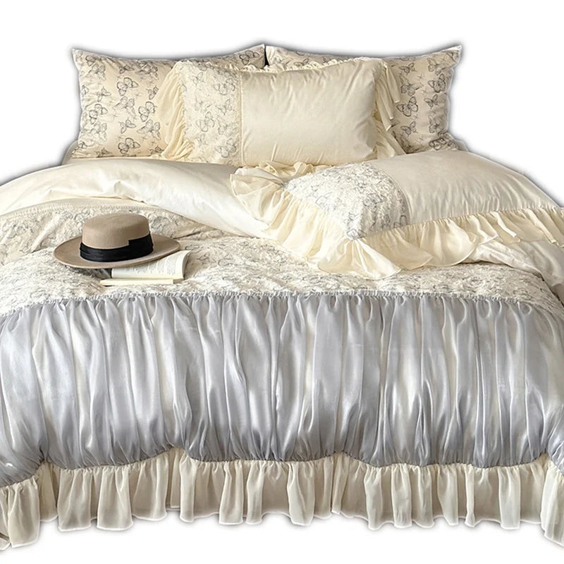 Bedding Set Floral Jacquard Gathered Satin 4-Piece