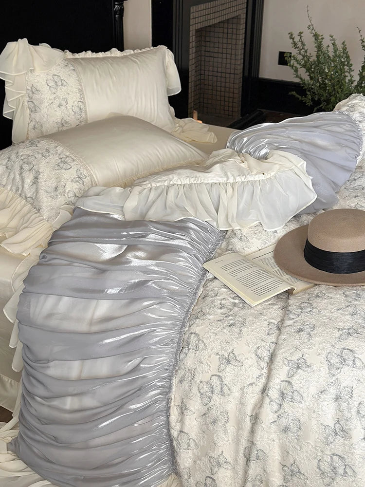Bedding Set Floral Jacquard Gathered Satin 4-Piece