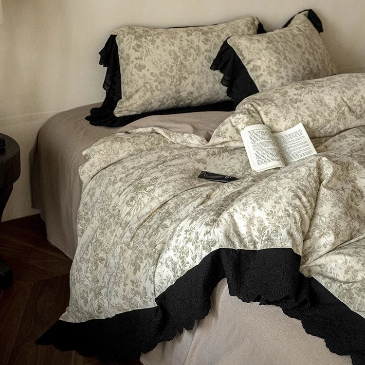 Bedding Set Floral Toile & Lace Trim Breathable Cotton Blend