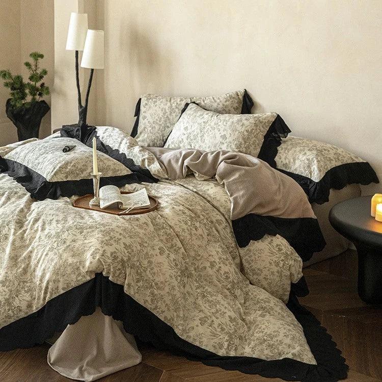 Bedding Set Floral Toile & Lace Trim Breathable Cotton Blend