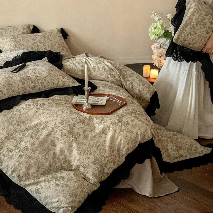 Bedding Set Floral Toile & Lace Trim Breathable Cotton Blend