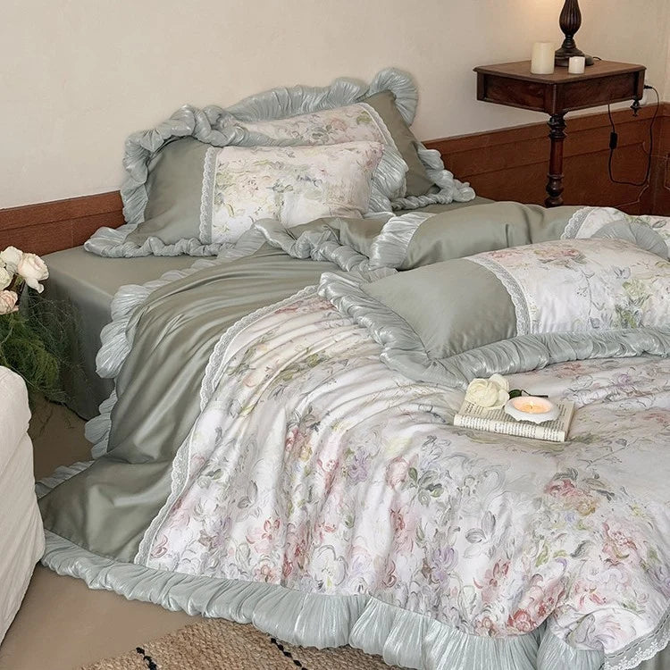 Bedding Set Floral Watercolor Pleated Ruffle & Lace Trim