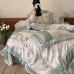 Bedding Set Floral Watercolor Pleated Ruffle & Lace Trim