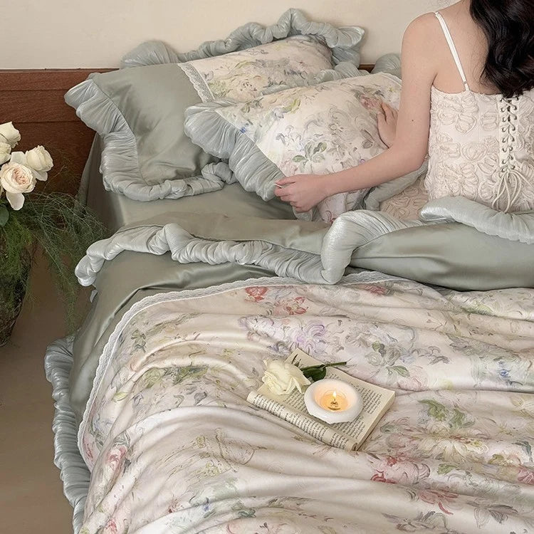 Bedding Set Floral Watercolor Pleated Ruffle & Lace Trim