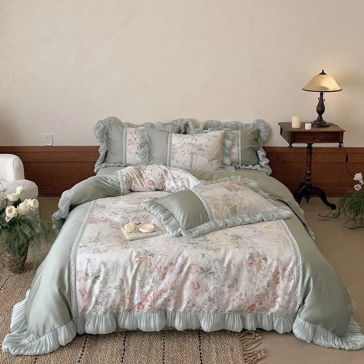 Bedding Set Floral Watercolor Pleated Ruffle & Lace Trim