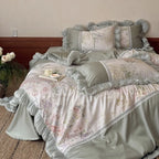 Bedding Set Floral Watercolor Pleated Ruffle & Lace Trim