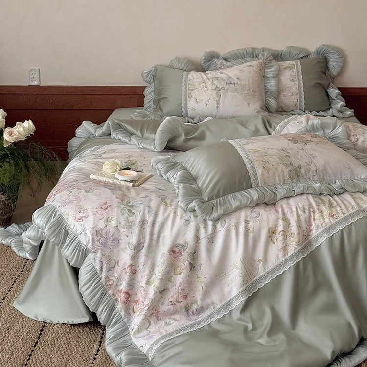 Bedding Set Floral Watercolor Pleated Ruffle & Lace Trim