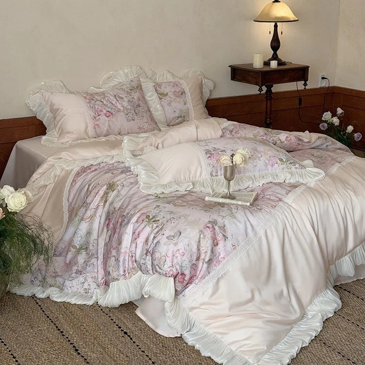 Bedding Set Floral Watercolor Pleated Ruffle & Lace Trim