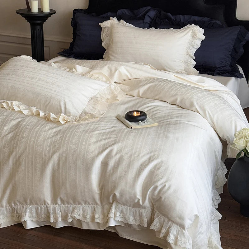 Bedding Set Four-Piece Cotton Satin Jacquard Ruffled & Lace