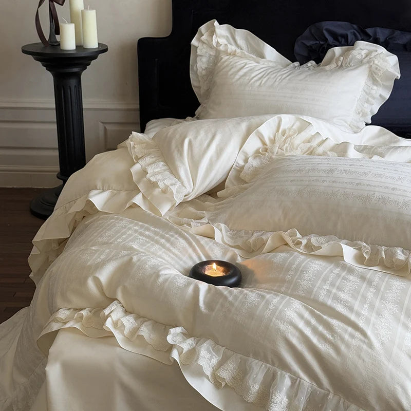 Bedding Set Four-Piece Cotton Satin Jacquard Ruffled & Lace