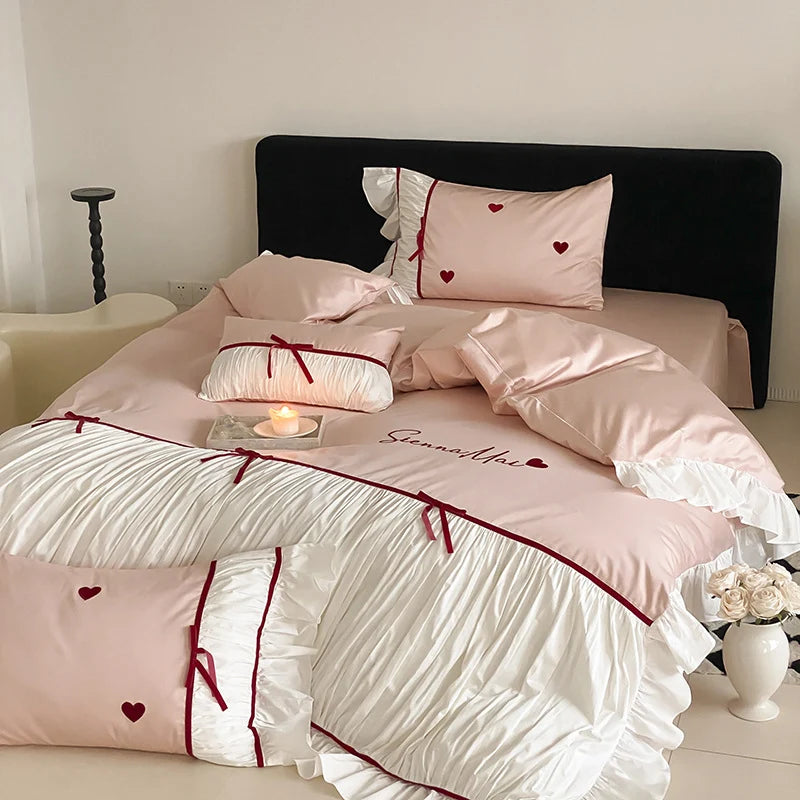 Bedding Set Heart Embroidery & Ruffles 4-Piece