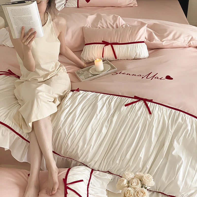 Bedding Set Heart Embroidery & Ruffles 4-Piece