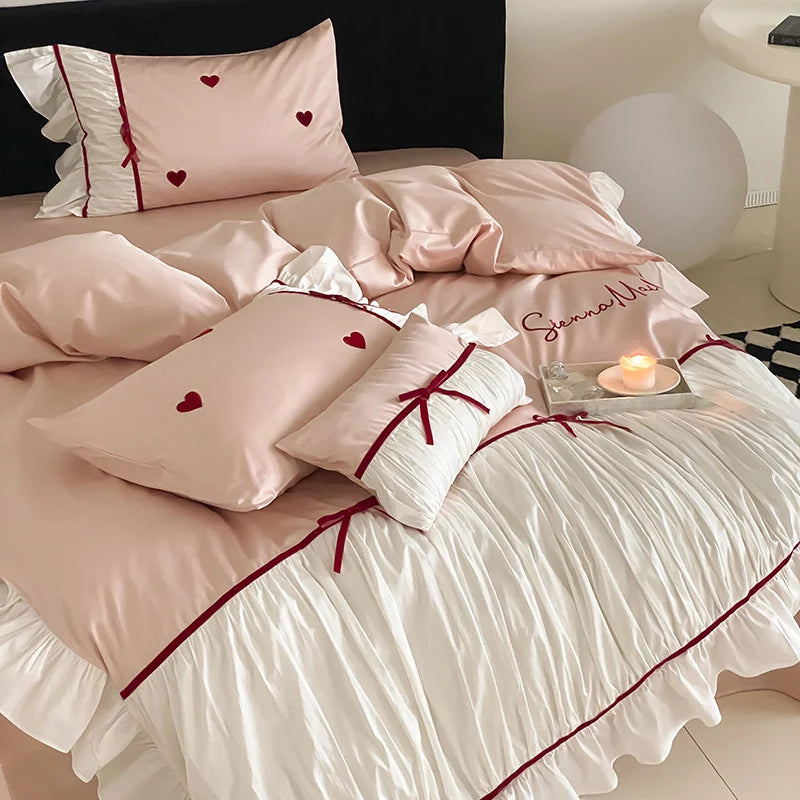 Bedding Set Heart Embroidery & Ruffles 4-Piece