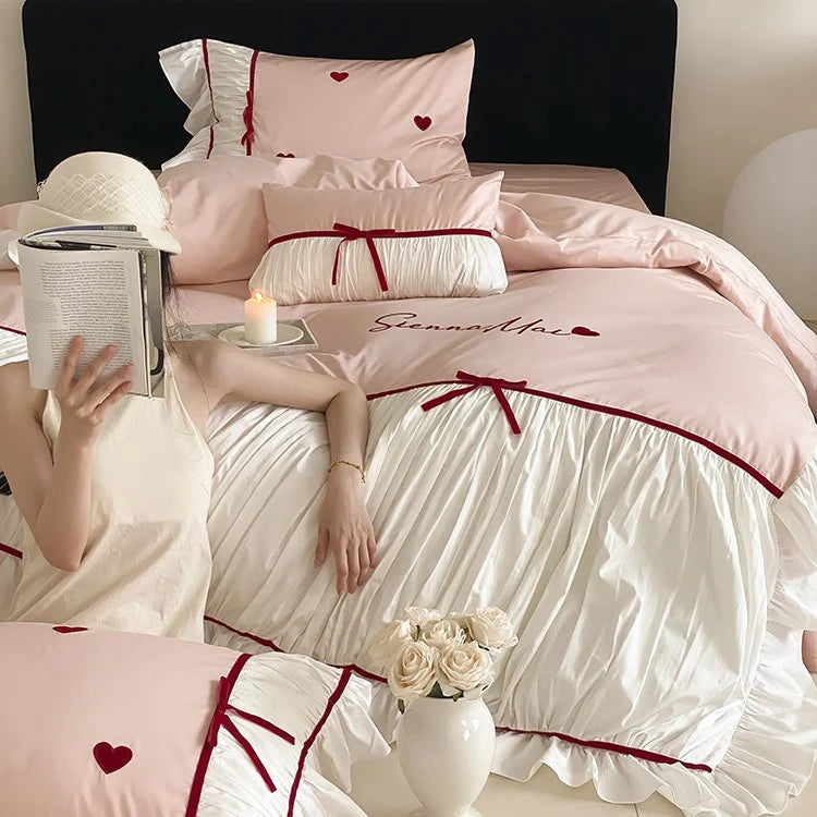 Bedding Set Heart Embroidery & Ruffles 4-Piece