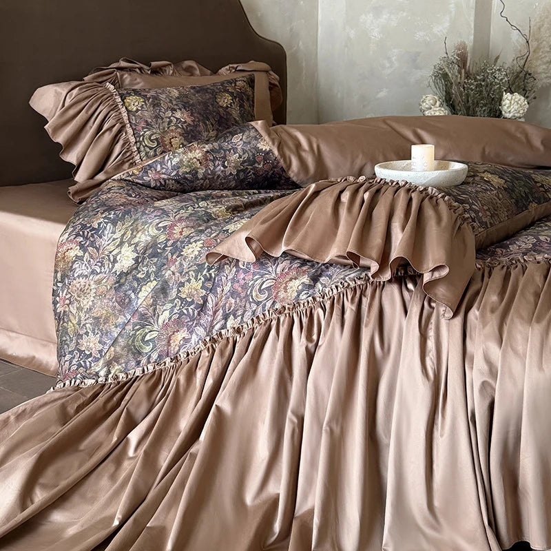 Bedding Set Jacquard Floral Flounce & Ruffle Trim 4 Piece