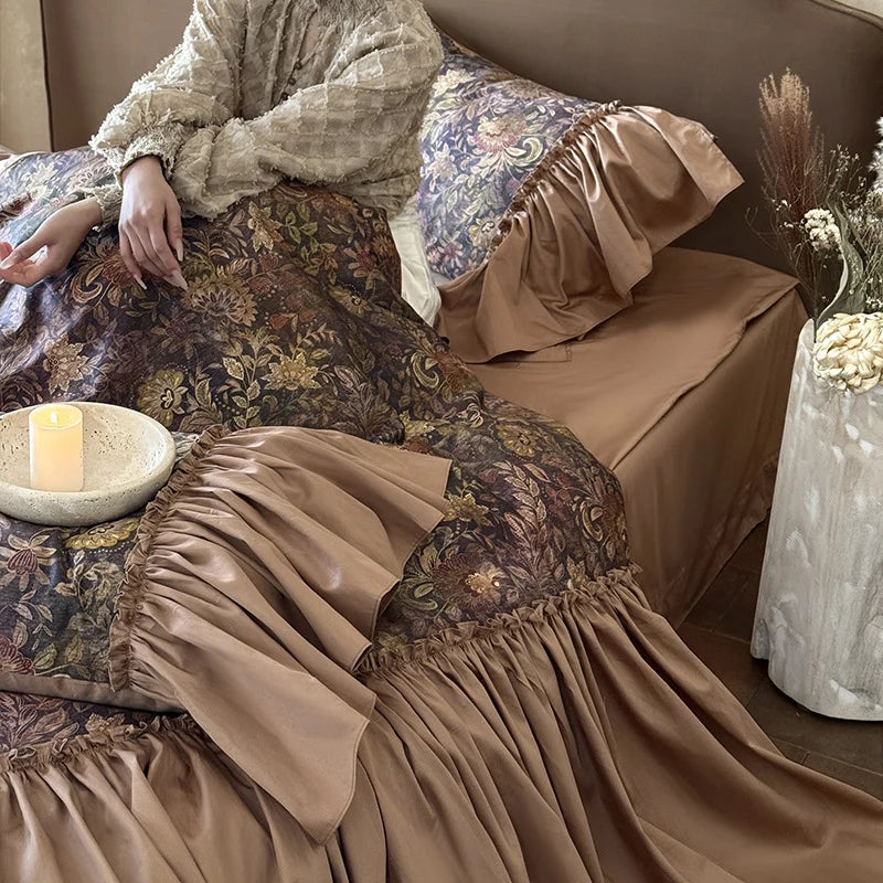Bedding Set Jacquard Floral Flounce & Ruffle Trim 4 Piece