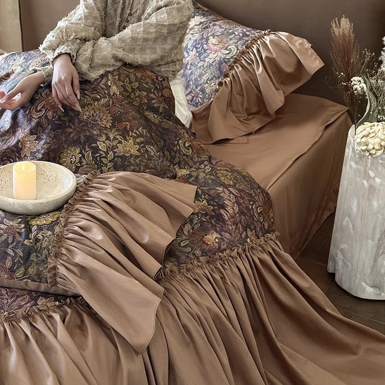 Bedding Set Jacquard Floral Flounce & Ruffle Trim 4 Piece