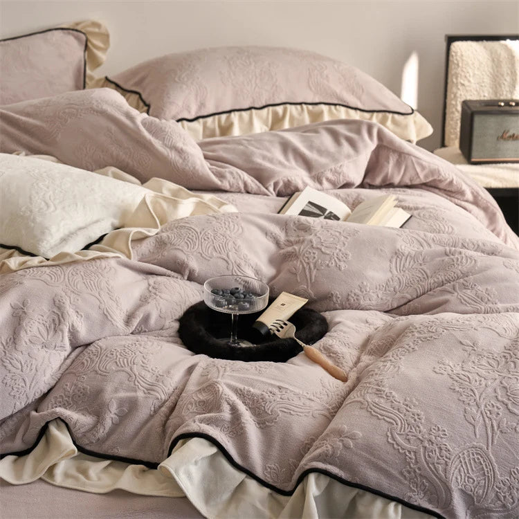 Bedding Set Jacquard Floral Ruffle Trim Soft Breathable Blend