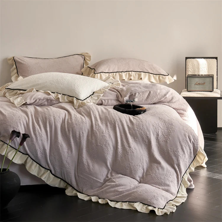 Bedding Set Jacquard Floral Ruffle Trim Soft Breathable Blend