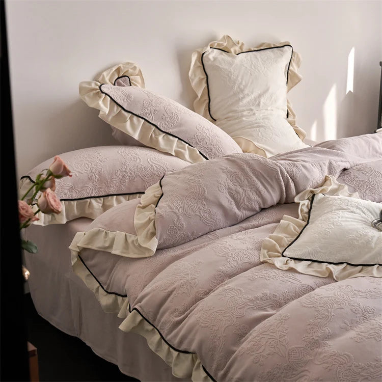 Bedding Set Jacquard Floral Ruffle Trim Soft Breathable Blend