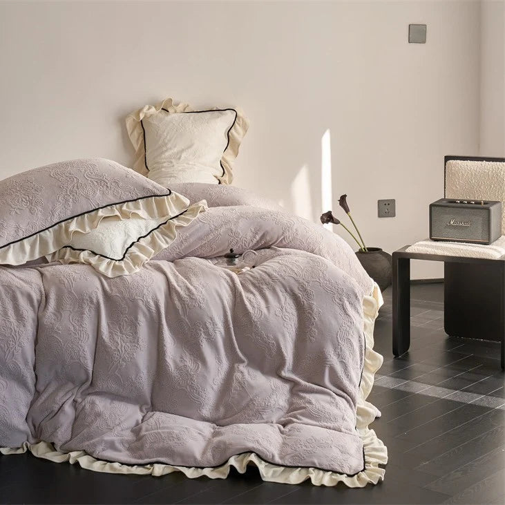 Bedding Set Jacquard Floral Ruffle Trim Soft Breathable Blend