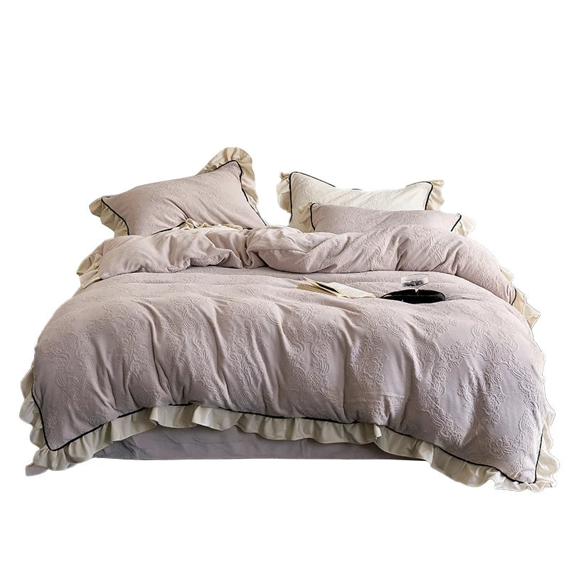 Bedding Set Jacquard Floral Ruffle Trim Soft Breathable Blend