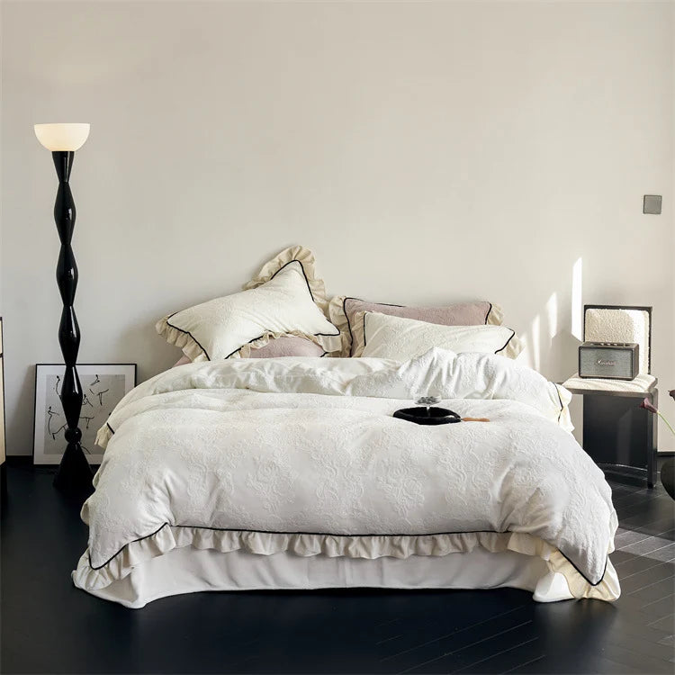 Bedding Set Jacquard Floral Ruffle Trim Soft Breathable Blend