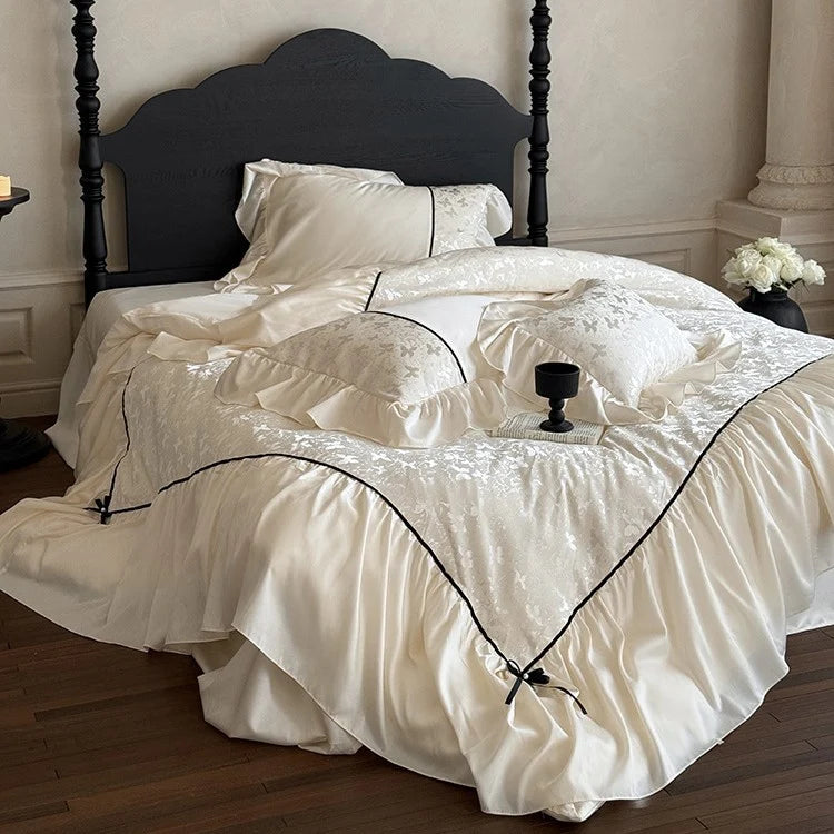 Bedding Set Jacquard Ruffles & Ribbons Cotton Blend 4-Piece