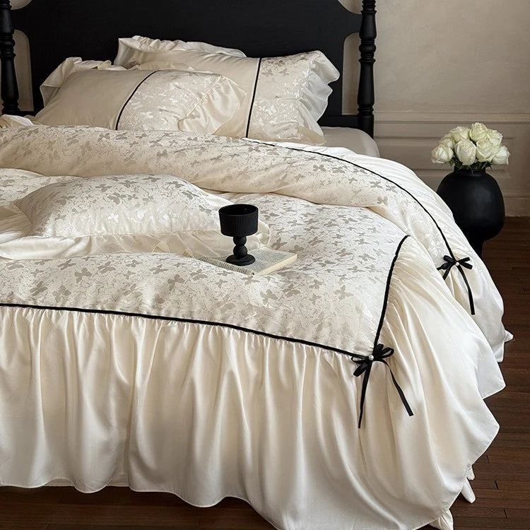 Bedding Set Jacquard Ruffles & Ribbons Cotton Blend 4-Piece