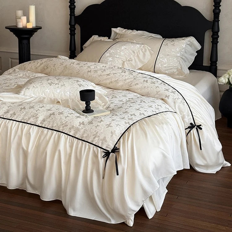 Bedding Set Jacquard Ruffles & Ribbons Cotton Blend 4-Piece
