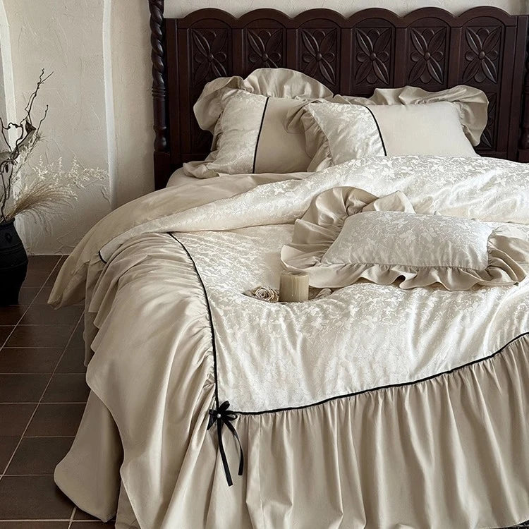 Bedding Set Jacquard Ruffles & Ribbons Cotton Blend 4-Piece