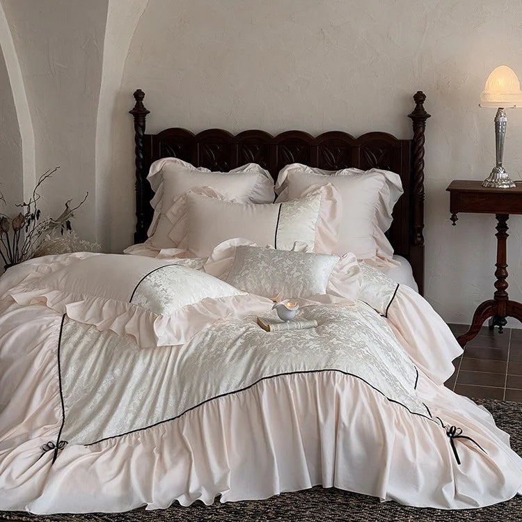 Bedding Set Jacquard Ruffles & Ribbons Cotton Blend 4-Piece