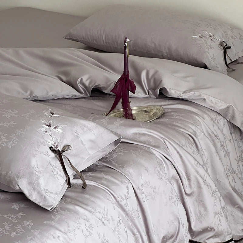 Bedding Set Jacquard Satin Floral Applique & Decorative Bow