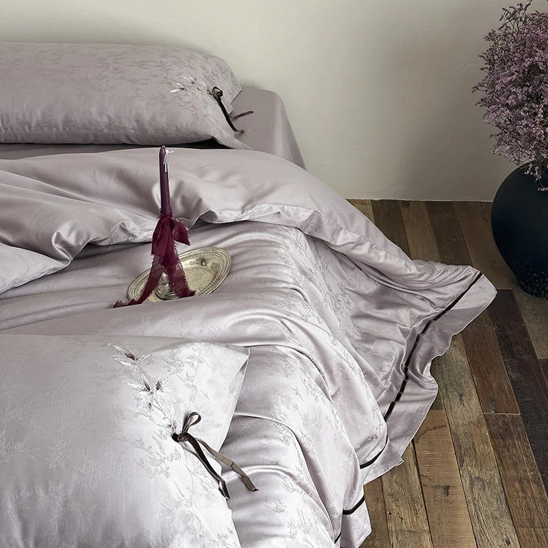 Bedding Set Jacquard Satin Floral Applique & Decorative Bow