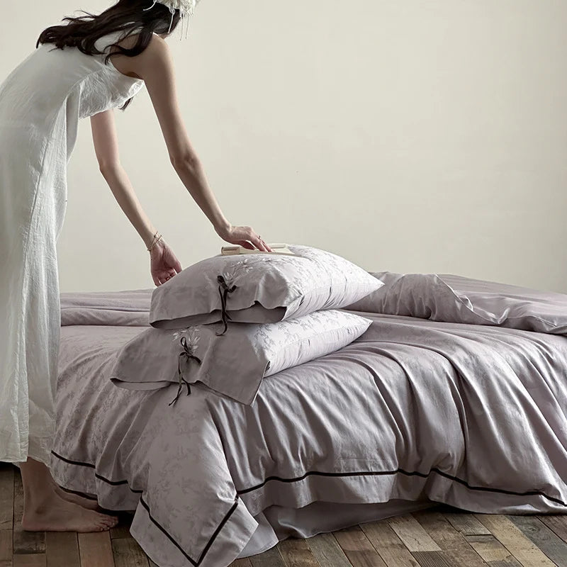 Bedding Set Jacquard Satin Floral Applique & Decorative Bow