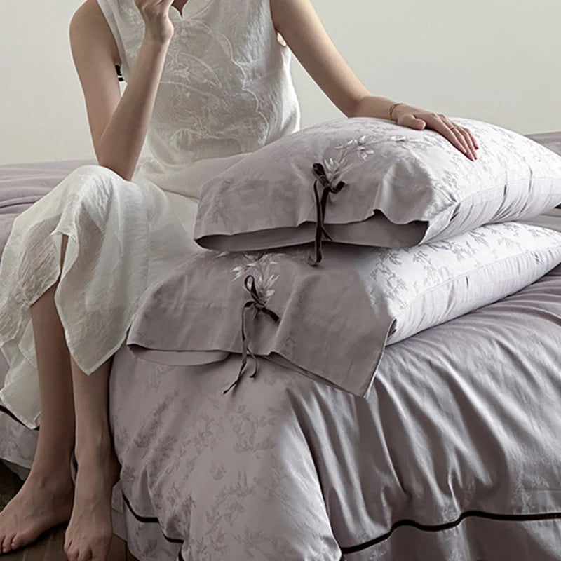 Bedding Set Jacquard Satin Floral Applique & Decorative Bow