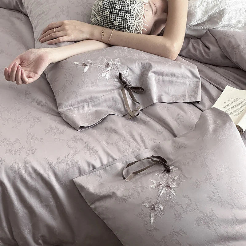 Bedding Set Jacquard Satin Floral Applique & Decorative Bow