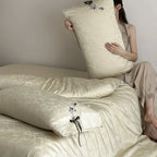 Bedding Set Jacquard Satin Floral Applique & Decorative Bow