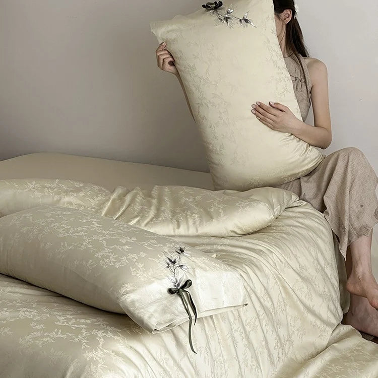 Bedding Set Jacquard Satin Floral Applique & Decorative Bow