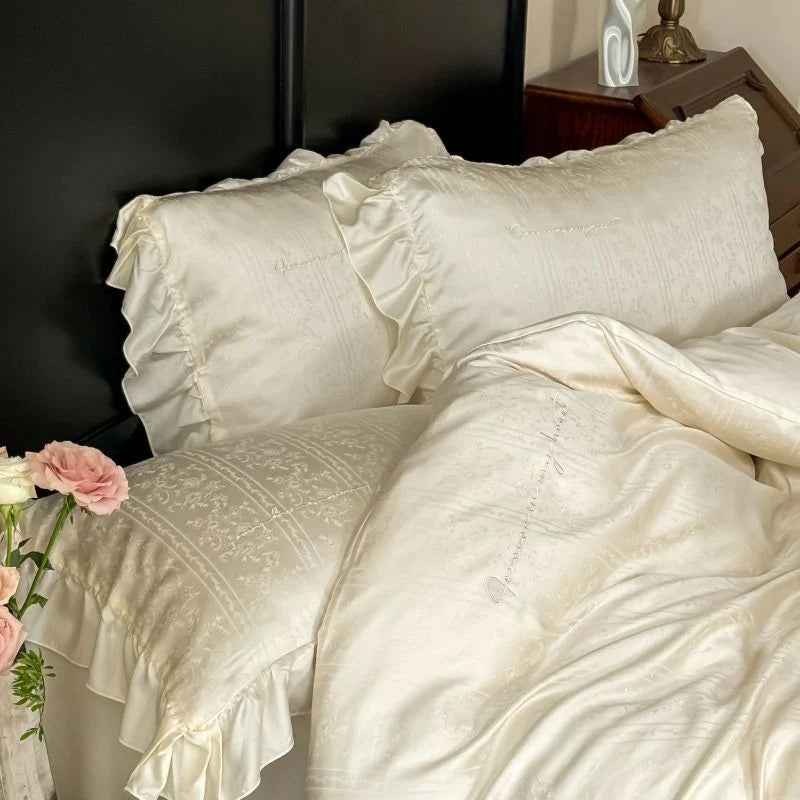 Bedding Set Jacquard Satin Woven Floral Ruffled Pillowcases