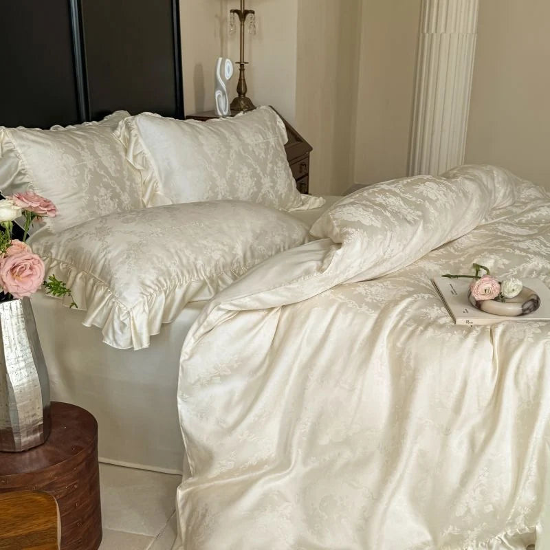 Bedding Set Jacquard Satin Woven Floral Ruffled Pillowcases