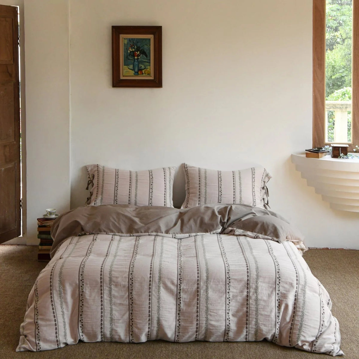 Bedding Set Lightweight Cotton Embroidered Stripes & Pillow Ties