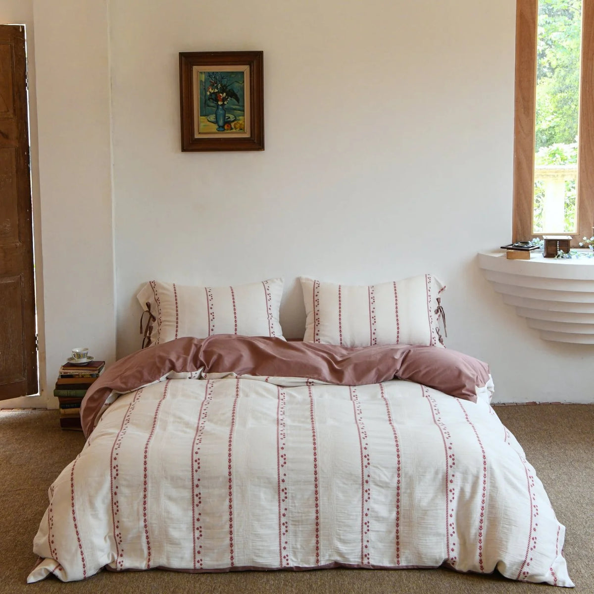 Bedding Set Lightweight Cotton Embroidered Stripes & Pillow Ties