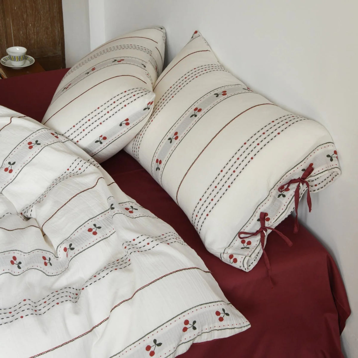 Bedding Set Lightweight Cotton Embroidered Stripes & Pillow Ties