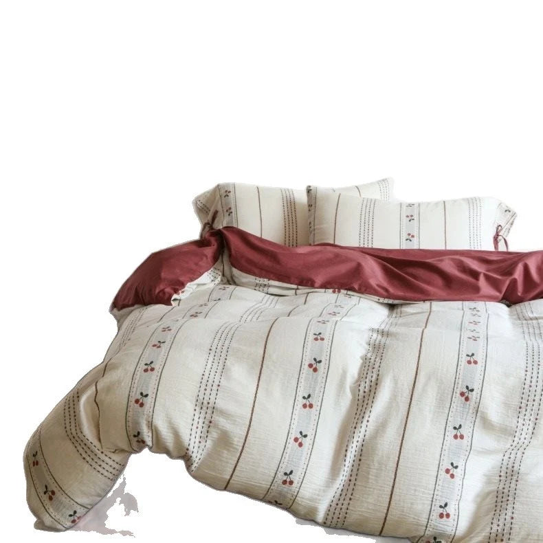 Bedding Set Lightweight Cotton Embroidered Stripes & Pillow Ties