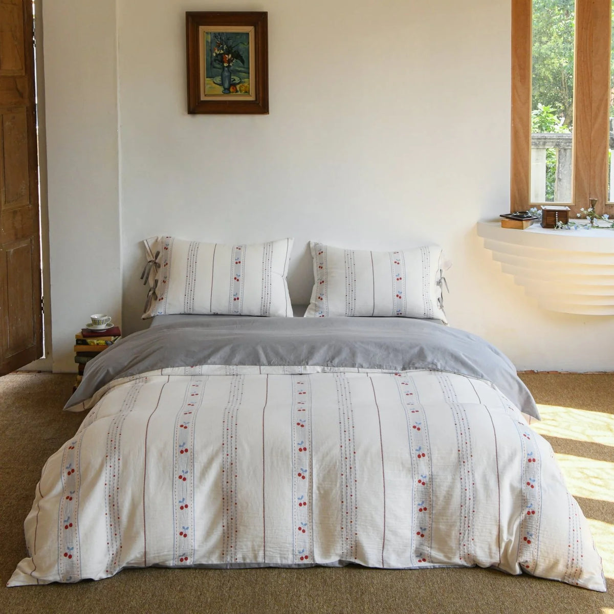 Bedding Set Lightweight Cotton Embroidered Stripes & Pillow Ties